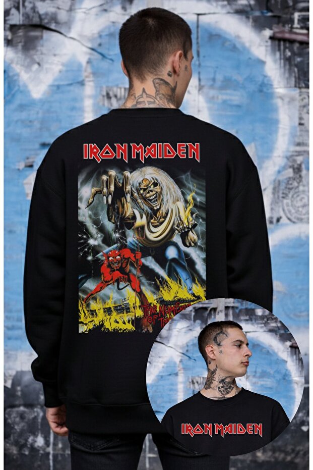 Unisex Oversized Iron Maiden the Number of the Beast Back Printed Hoodless Sweatshirt