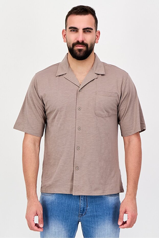 Men Regular Fit Short Sleeve Plain Casual Shirt, Clay