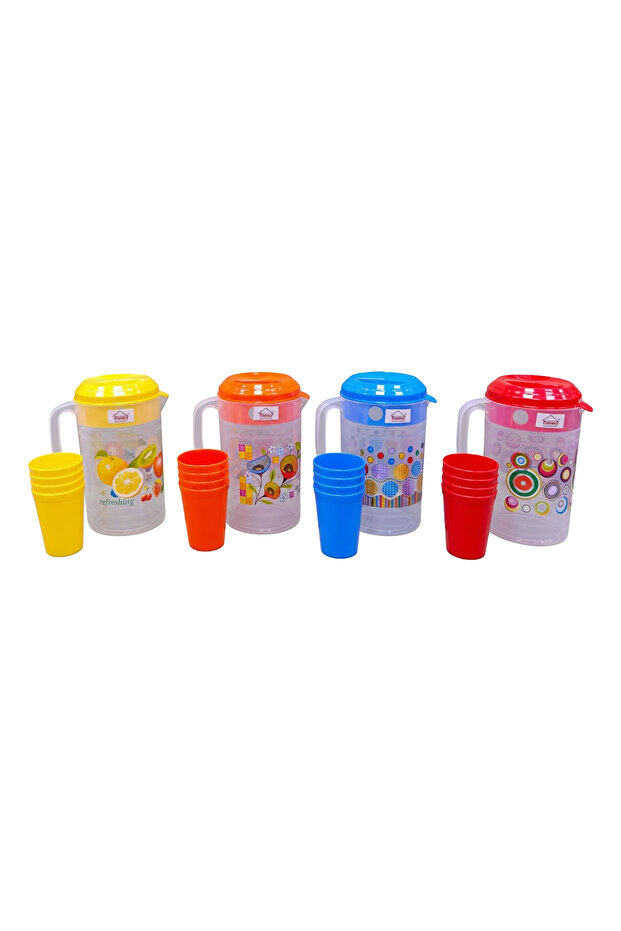 Frosty Jug with 4 Tumblers Plastic Water Juice Serving Pitcher Set with Lid Handle