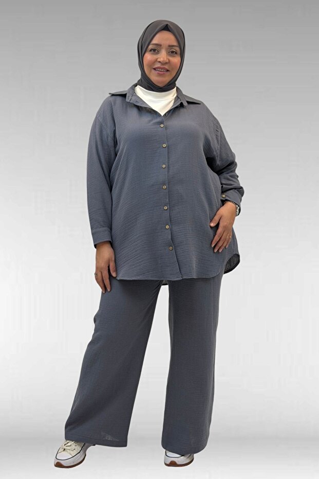 67038 Large Size Men's Collared Muslin Trouser Suit - Anthracite