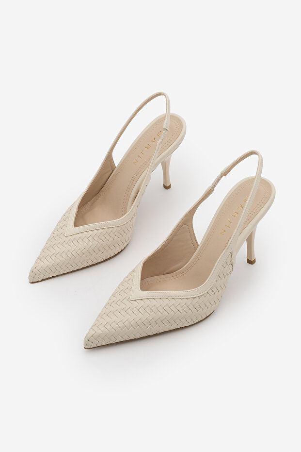 Women's Stiletto Pointed Toe Open Back Knitted Pattern Strap Classic Heeled Shoes Vigesa Ecru