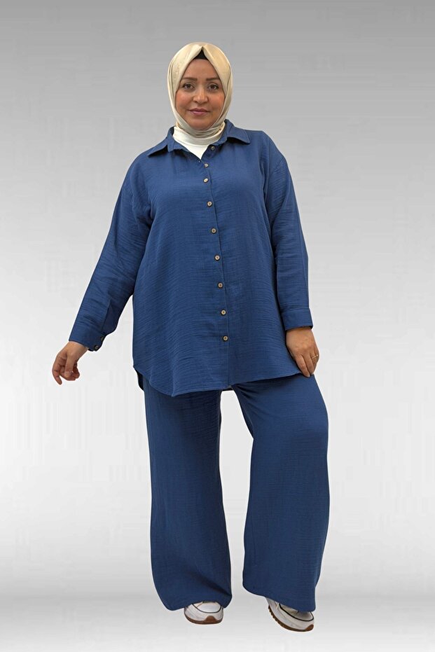 67038 Large Size Men's Collared Muslin Trouser Suit - Indigo