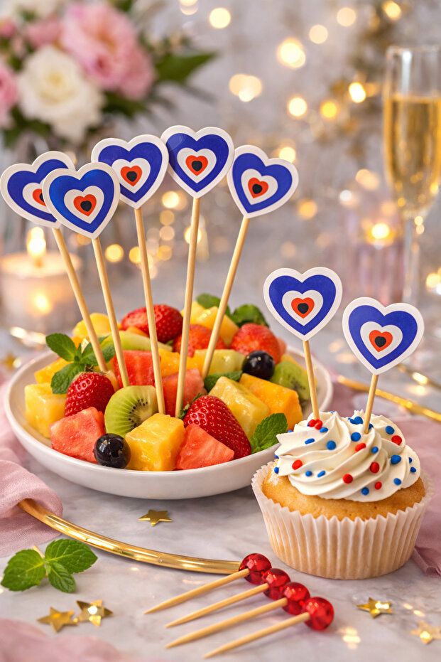 Hearted Nazar Beaded Toothpicks, Pack of 10 – Decorative Fruit, Dessert, and Party Presentation Toothpicks