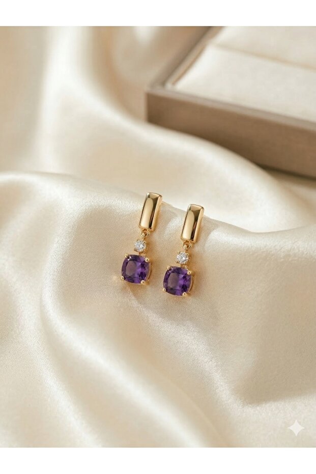 3S Square Purple Crystal Stone Steel Earrings
