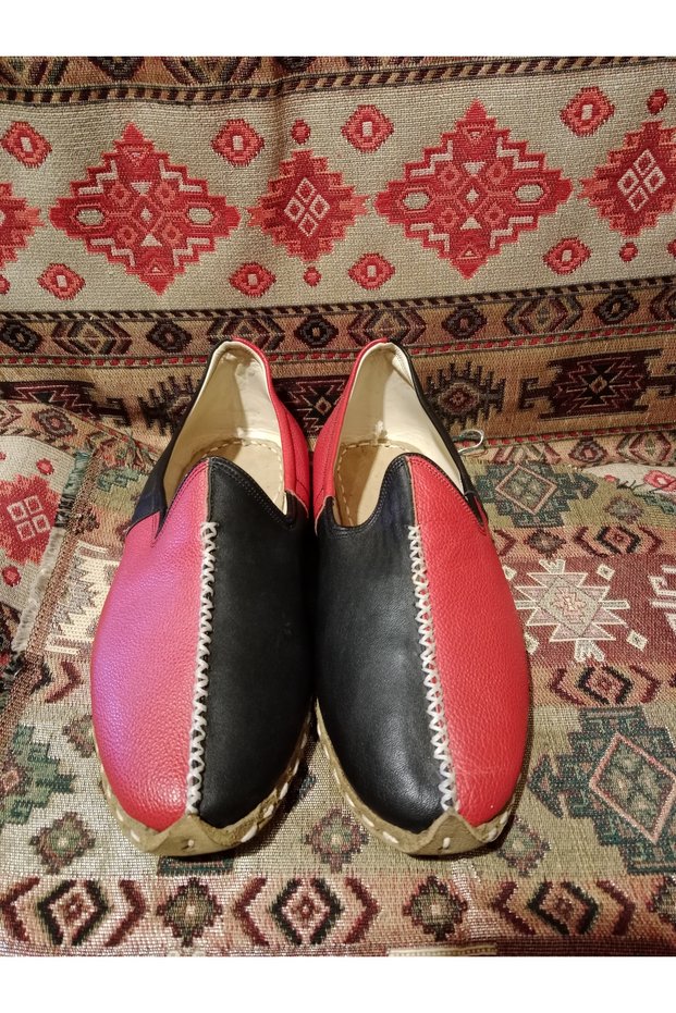 Red Black Men's Yemeni Sandals Genuine Leather Hand-Sewn Double Color Size 42