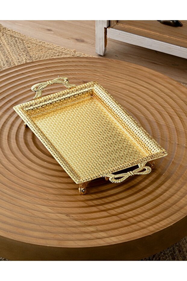 تبسي سكوالو مستطيل ذهبي نقش بامبو بمقابض – صحن تقديم فاخر للضيافة