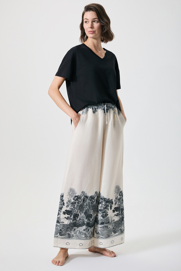 Cotton and Linen V-Neck Wide-Leg Pants Set