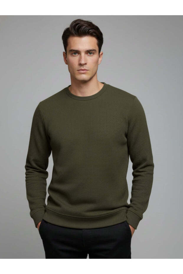 Textured Round Neck Regular Fit Olive Lightweight Sweatshirt