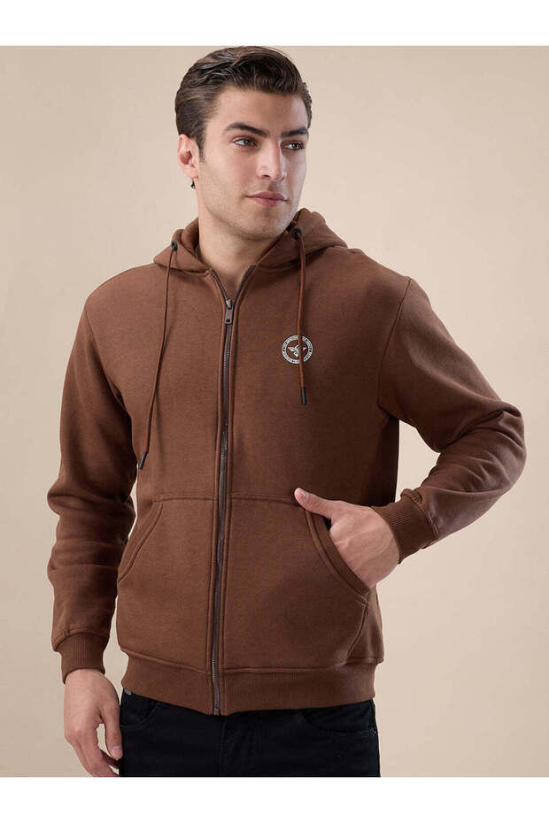 Solid Brand Logo Hooded Zipper Regular Fit Brown Sweatshirt