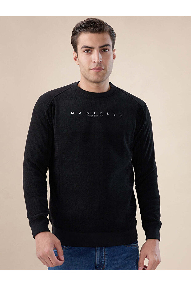Textured Slogan Print Regular Fit Lightweight Black Sweatshirt