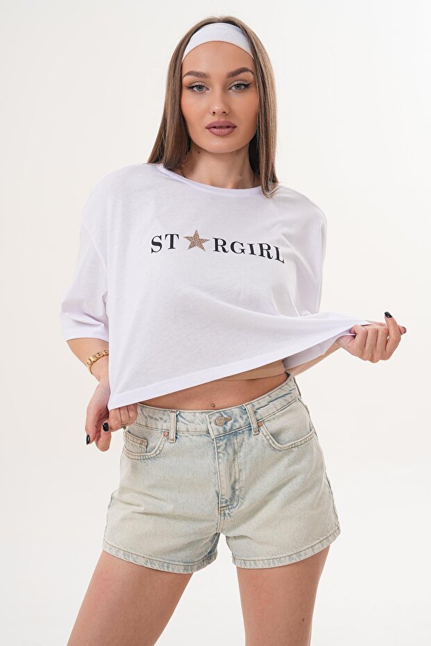 Women's Print Detailed Oversized Short T-Shirt 260133 -