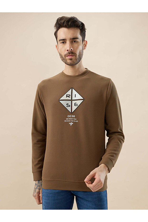 Textured Front Print Lightweight Brown Sweatshirt