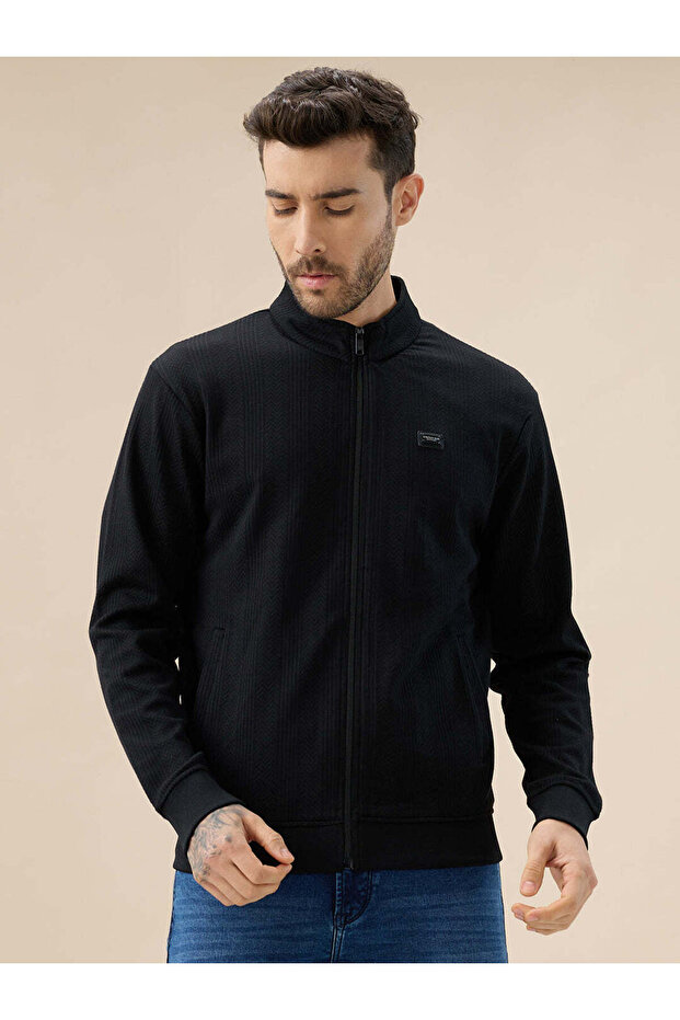 Textured Mock Neck Regular Fit Zipper Sweatshirt