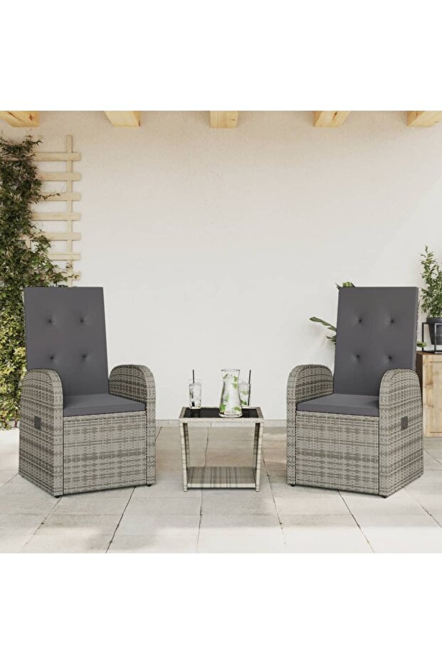 3 Piece Garden Dining Set with Cushions Grey Poly Rattan