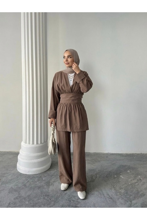 Women's Belted Tunic Trousers Style Hijab Two-Piece Set-Brown
