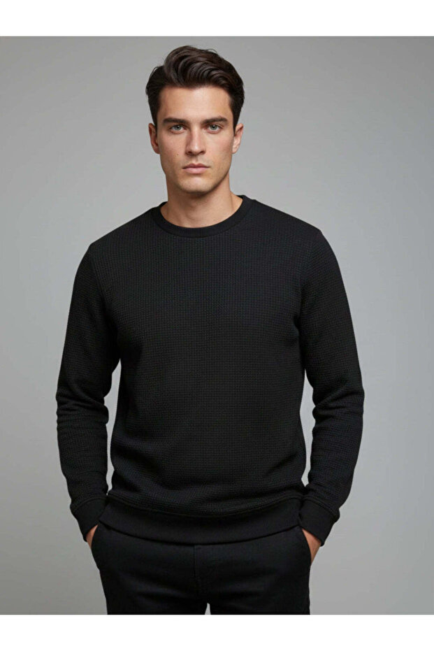 Textured Round Neck Regular Fit Black Lightweight Sweatshirt