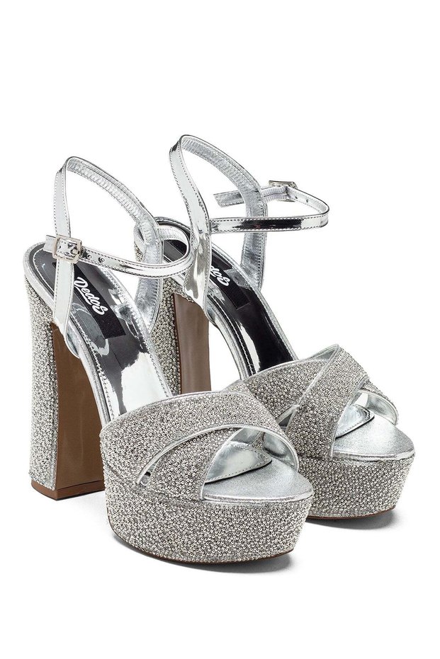 High Heeled Women's Ankle-Tie Stone Embellished Crossed Evening Dress Platform Shoes 22010