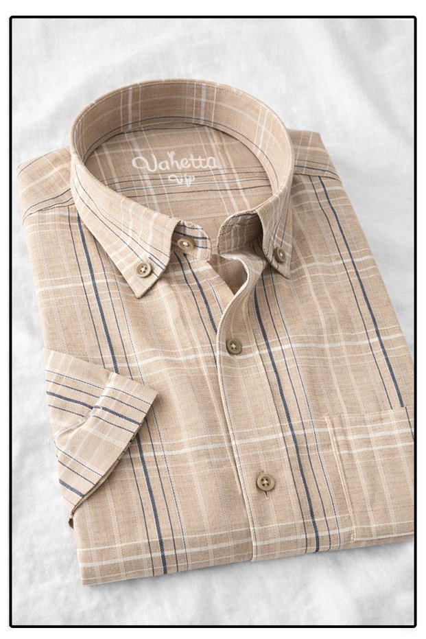 Men's Beige Short Sleeve Shirt Checkered Wide Cut Pockets Cotton Daily Casual