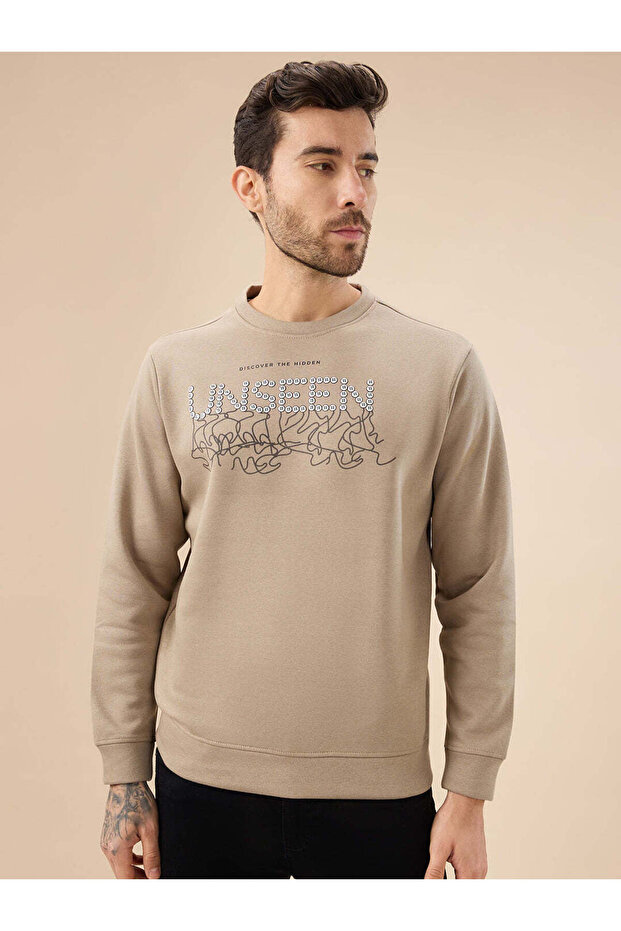 Chest Typography Regular Fit Three Thread Fleece Beige Sweatshirt