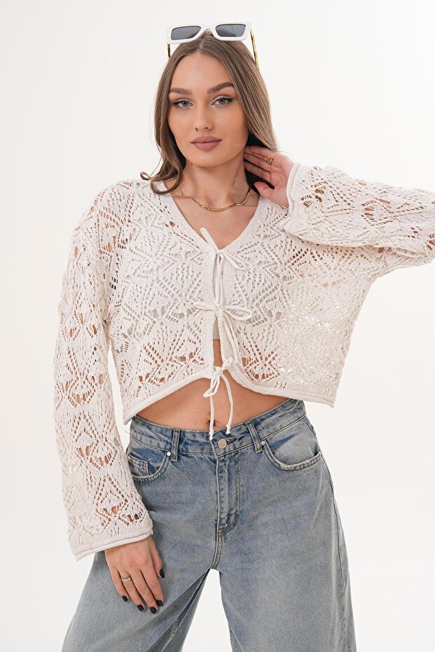 Women's Lace-Up Patterned Knitted Cardigan 260460 - 265267