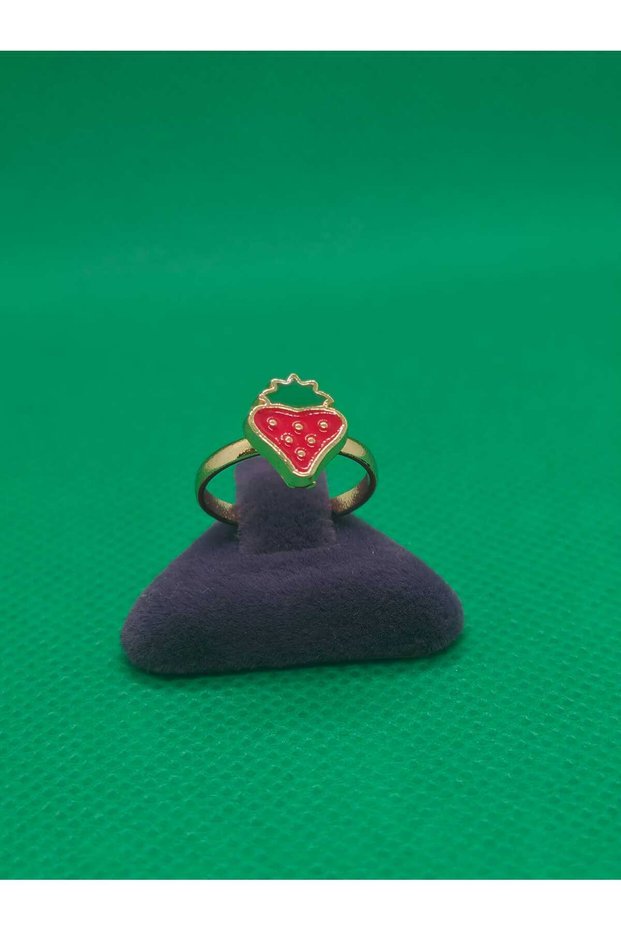 Strawberry Figured Steel Children's Ring with Colorful Enamel Embroidery, Yellow Gold Color Plated, Adjustable Size