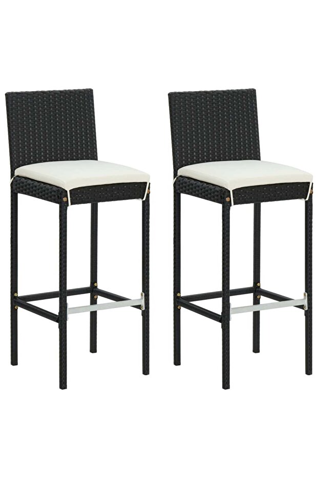 Garden Bar Stools with Cushions 2 pcs Black Poly Rattan