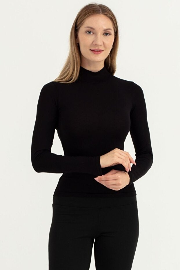 Women's Black Viscose Long Sleeve Turtleneck Badi