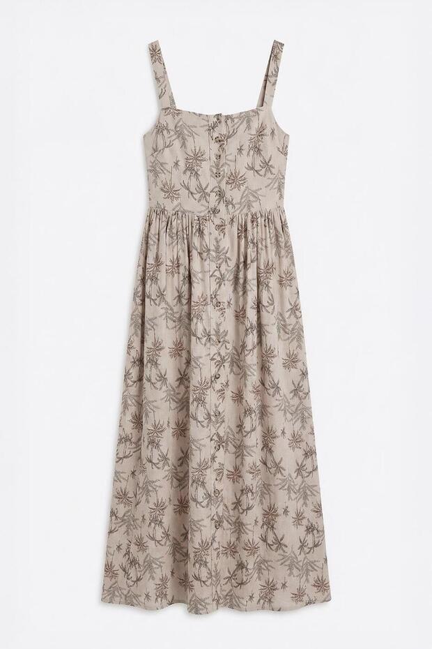 Women's Beige Strappy Floral Patterned Buttoned Midi Dress with Drawstring Detail