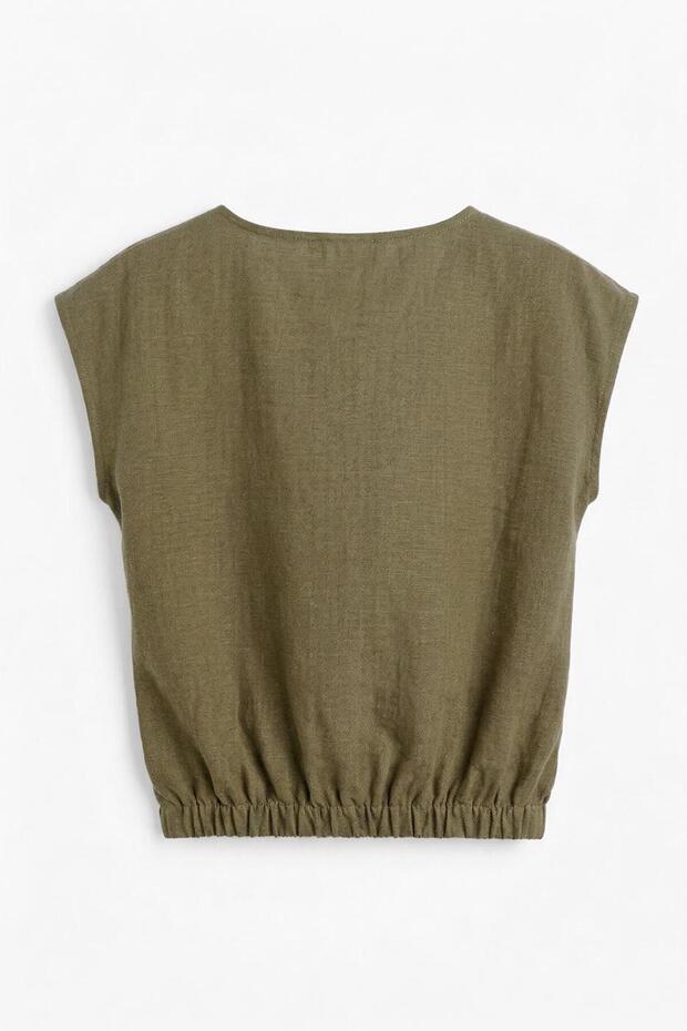 %100 Elastik Kenarlı Keten Bluz - 2