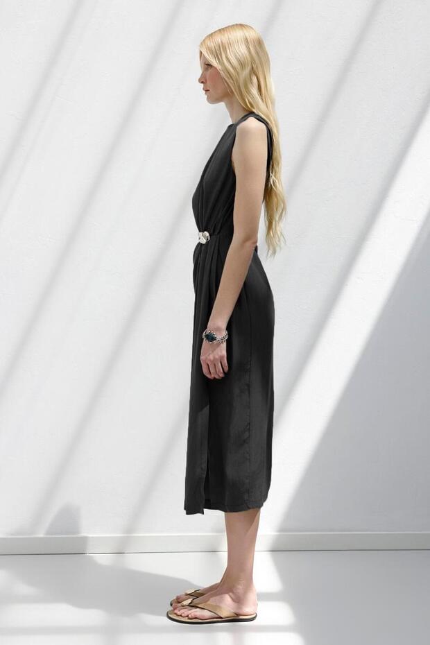Tencel Drape Detaylı Midi Elbise - 5