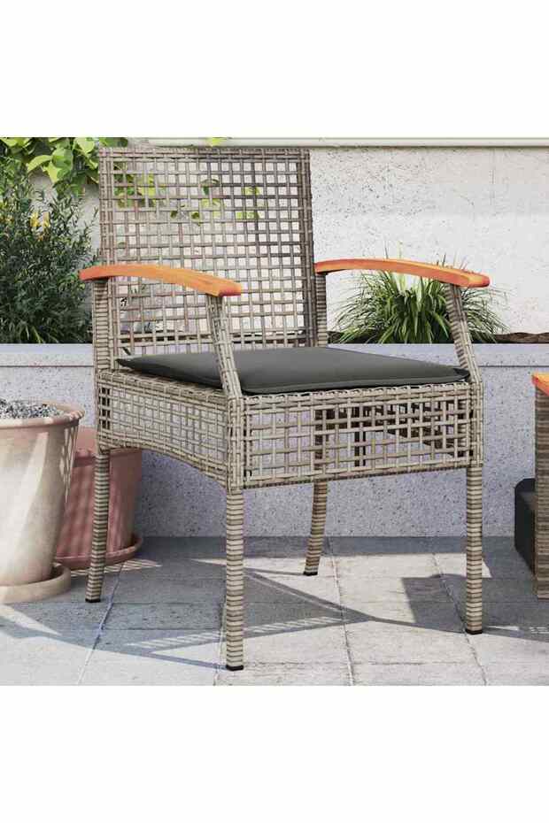 Garden Chairs with Cushions 2 pcs Grey Poly Rattan Acacia Wood