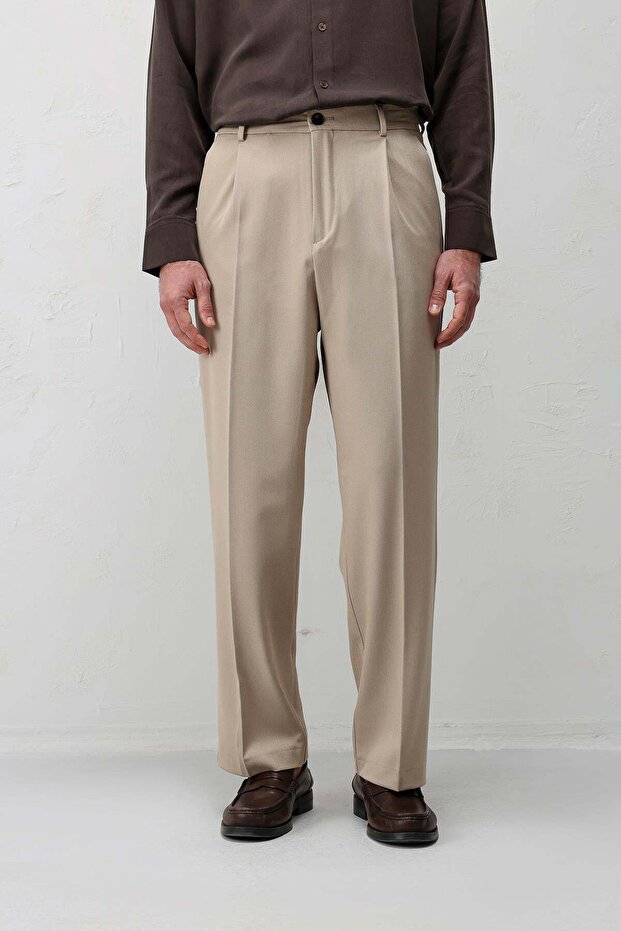 Beige Relax Fit Pleated Men's Trousers