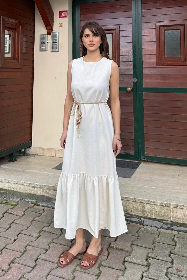 Women's Stylish Belt Detail Ruffled Linen Textured Summer Dress