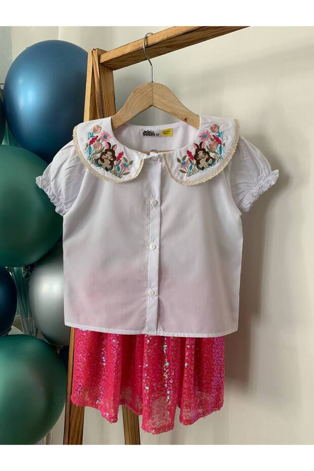 Collar Embroidered Shirt & Sequined Skirt Set