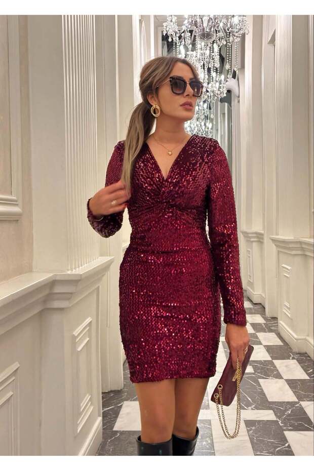 BORDO MİNİ PAYETLİ ELBİSE - 1