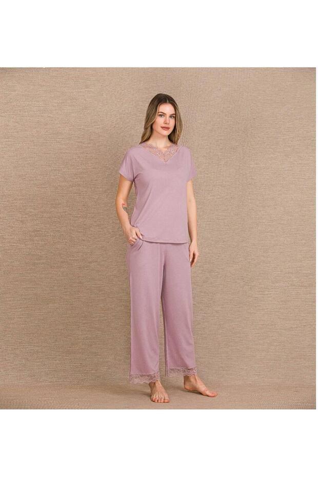 Short Sleeve Lace Piece Viscose Fabric Women's Pajama Set