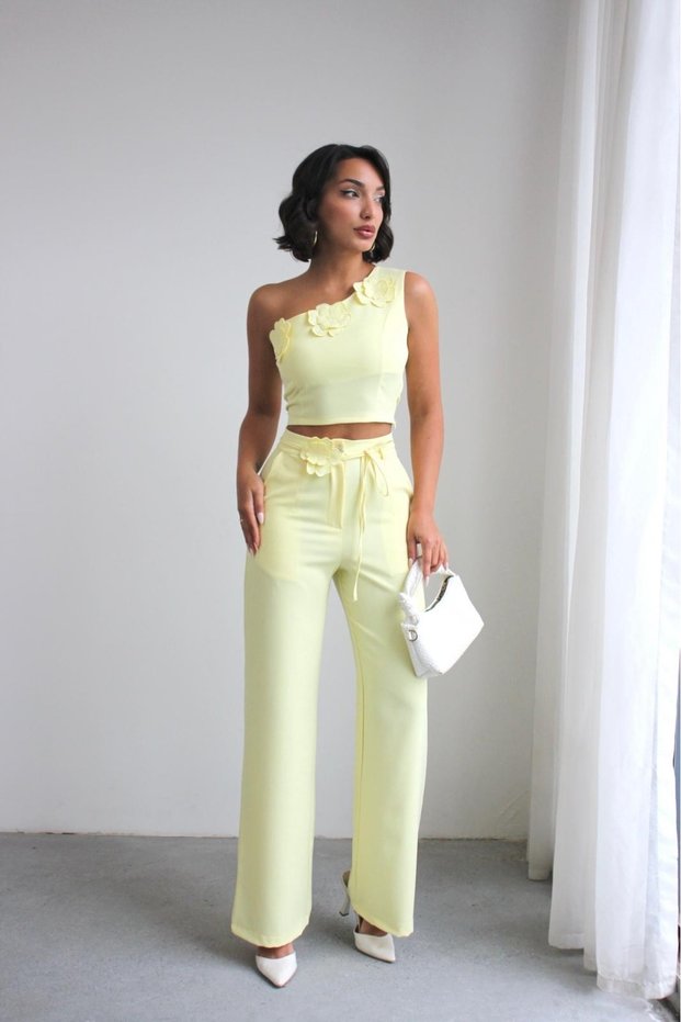 Women's Floral Detailed One-Shoulder Cropped Blouse & High Waist Wide-Leg Pants Set