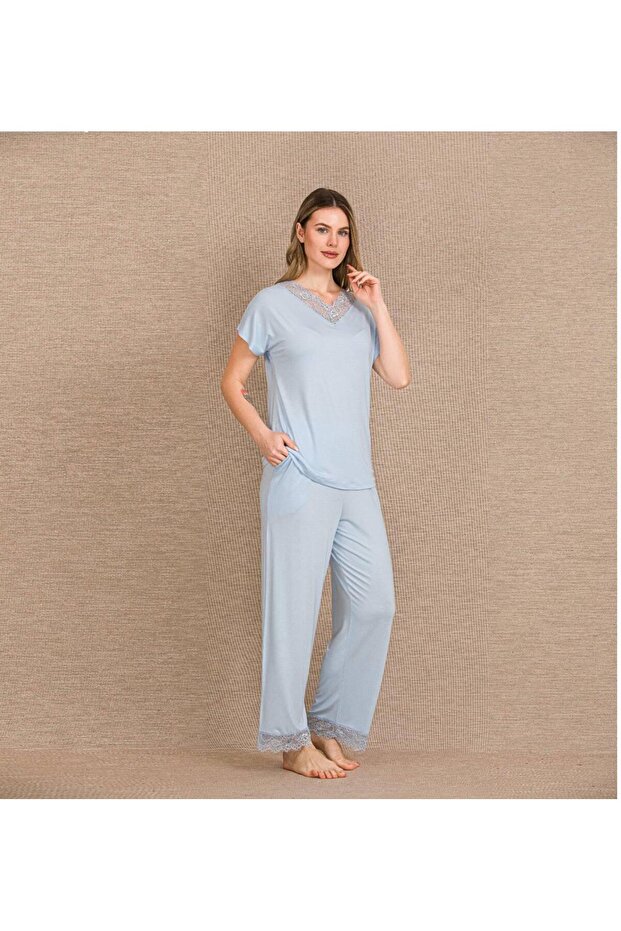 Short Sleeve Lace Piece Viscose Fabric Women's Pajama Set