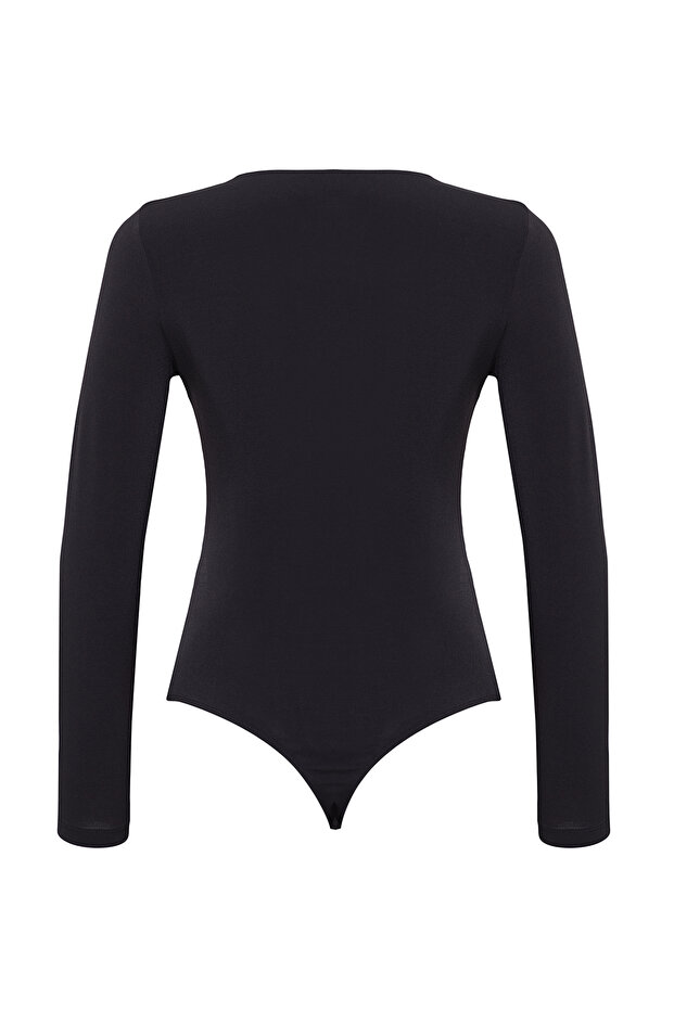 Siyah Örme Danteli Yaka Detaylı Body - 6