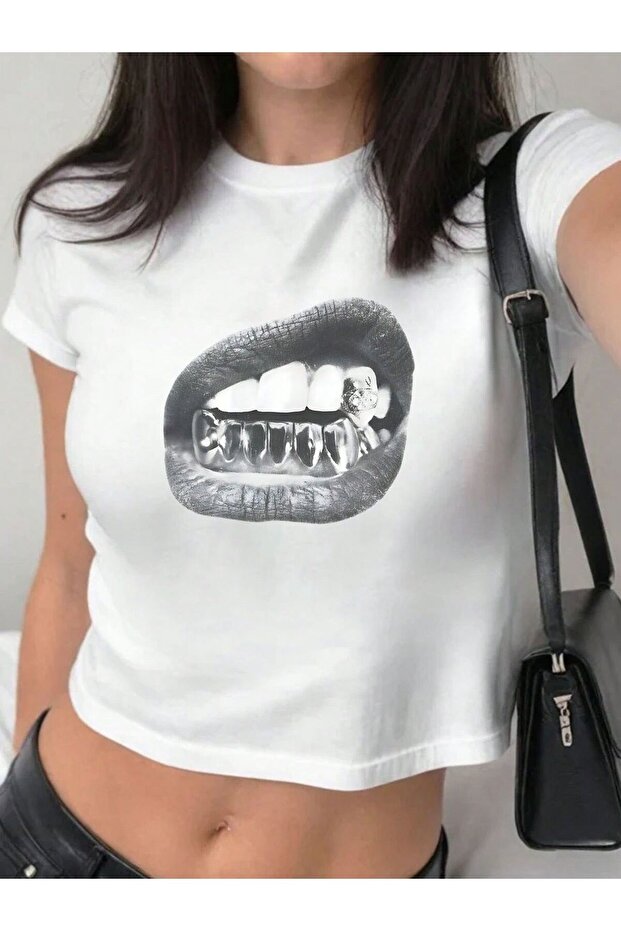 Silver Teeth Lips Graphic Printed Cropped