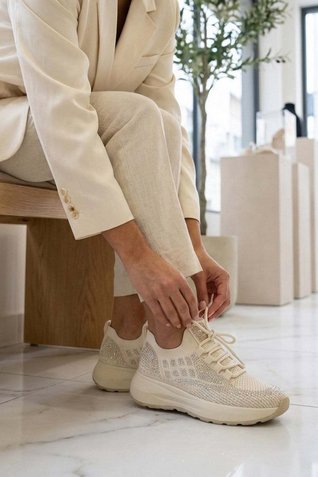 Mai̇si̇e Imported Special Series Stone-Detail Tricot Women's Sneakers Beige