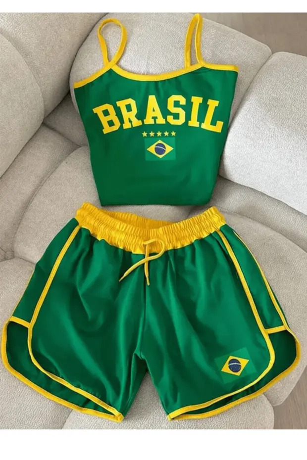 Women's Y2K Brasil Green Strappy Cropped Shorts Set