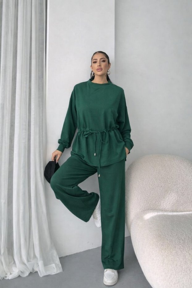 Women's long sleeve crew neck drawstring waist viscose two-piece blouse and pants set