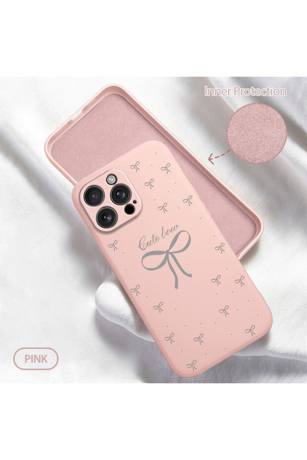 حافظة من السيليكون السائل متوافقة مع هاتف iPhone 16 Pro Max، ناعمة، أنيقة ومريحة، موديل مخطط Bowknot منقوش