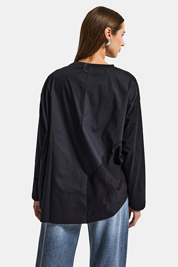 Kadın Siyah w5 Oversize Çift Parça Tasarım Gömlek Sweatshirt - 6