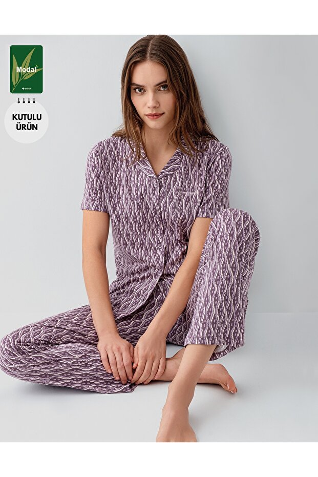 Premium Basic Patterned Short Sleeve Women's Shirt Pajama Set