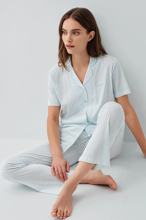 Premium Basic Modal Cotton Pcs Short Sleeve Women's Shirt Pajama Set Striped