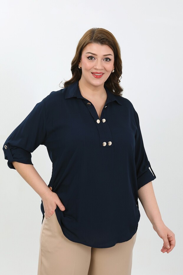 Women's Dark Blue Button Detail Plus Size Viscose Shirt