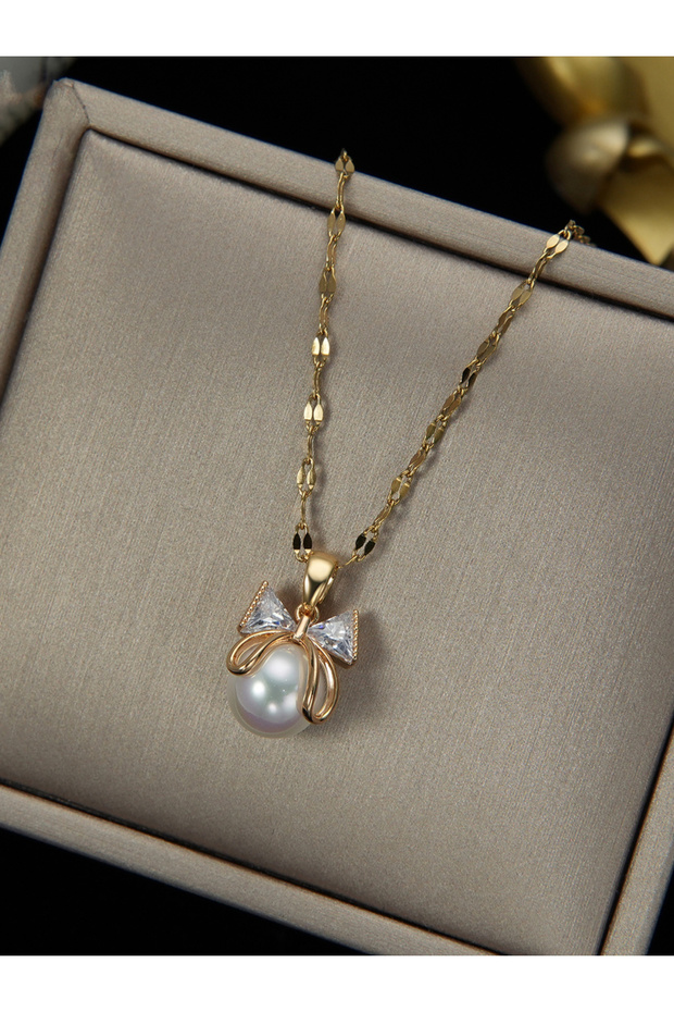 Embellished Bow Decor Faux Pearl Necklace