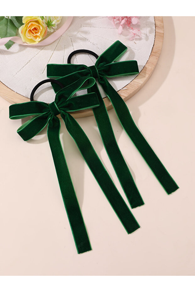 Pack of 2 - Green Velvet Bow Hair Ties